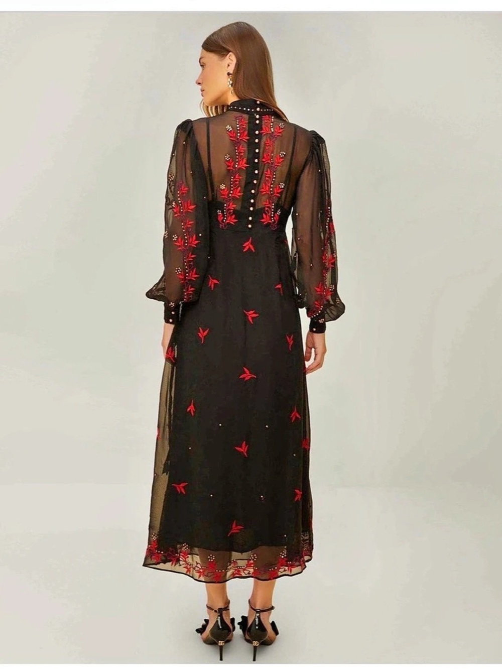 Brand New Farm Rio Organza Long Sleeve Midi Dress Floral Midi Dress - Picture 2 of 5